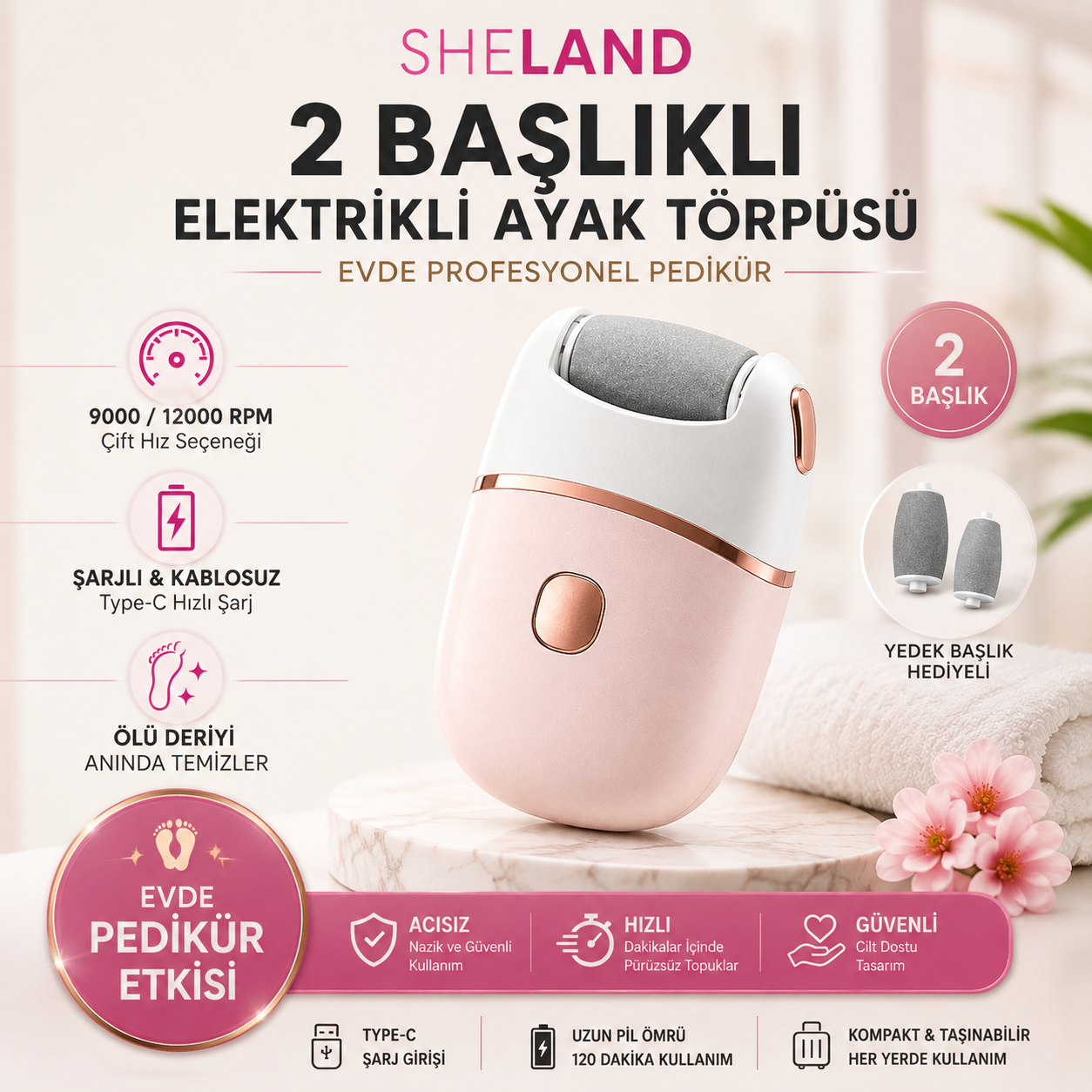 SHELAND® 2 Başlıklı Şarjlı Elektrikli Ayak Törpüsü | Profesyonel Pedikür Cihazı
