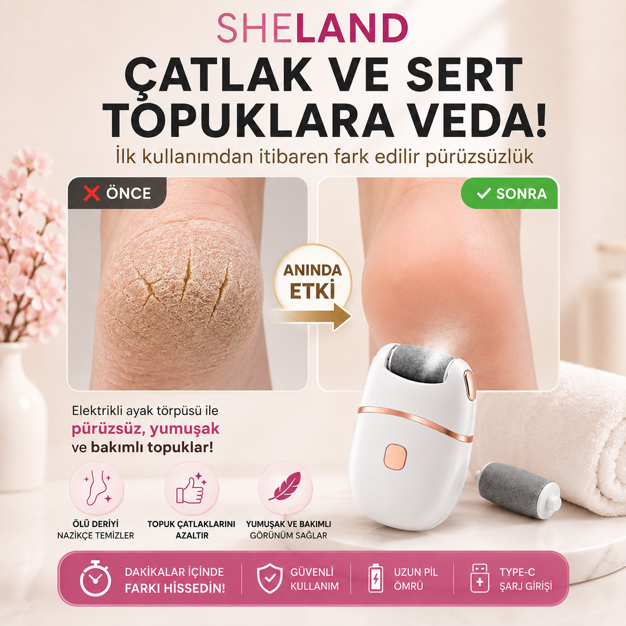 SHELAND® 2 Başlıklı Şarjlı Elektrikli Ayak Törpüsü | Profesyonel Pedikür Cihazı