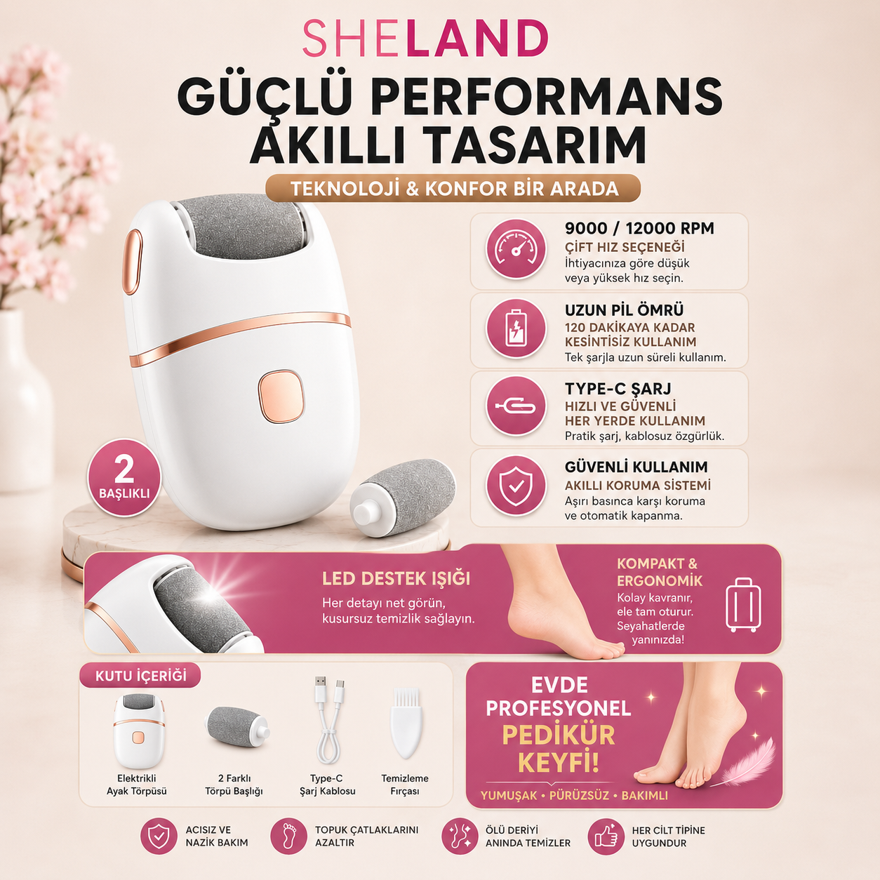SHELAND® 2 Başlıklı Şarjlı Elektrikli Ayak Törpüsü | Profesyonel Pedikür Cihazı