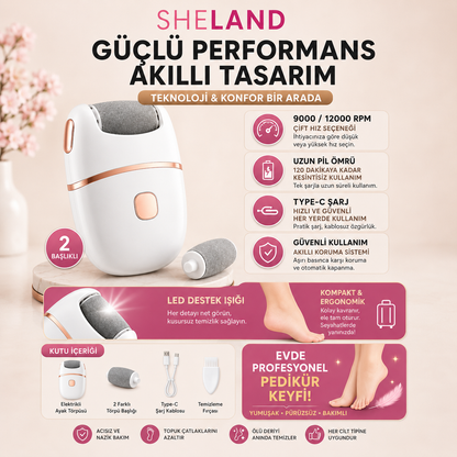 SHELAND® 2 Başlıklı Şarjlı Elektrikli Ayak Törpüsü | Profesyonel Pedikür Cihazı