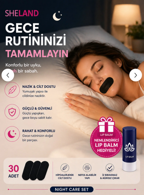Sheland Night Care Set 30 Adet İpek Ağız Bandı + Lip Balm – Horlama Desteği 2’li Set, Hipoalerjenik Uyku Bandı