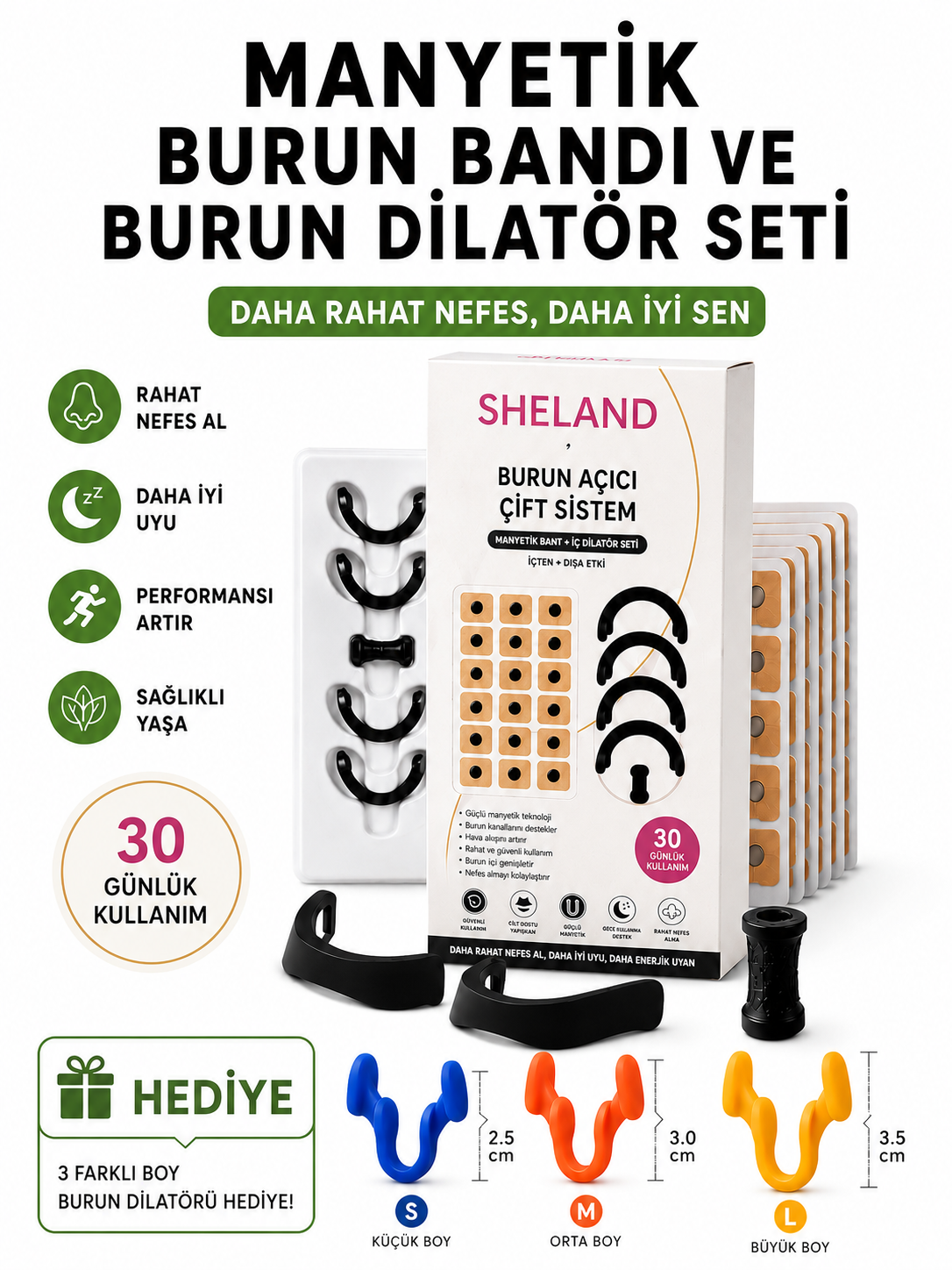 Sheland Manyetik Burun Bandı 30 Günlük Kullanım Set + Silikon Burun Dilatörü (S-M-L) Hediyeli - Horlama Azaltıcı Set